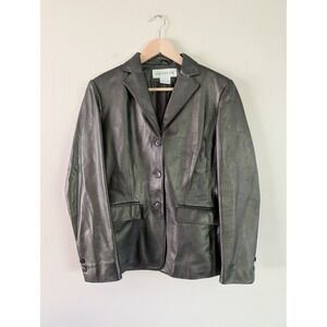 Jones New York Metallic Black Genuine Leather Blazer Jacket‎ Women's 6 Grunge